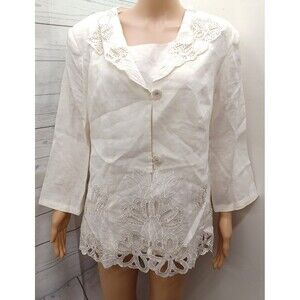 La Rea Collection Jacket & Top Women L White 100% Linen Lined Cut-Out Embroidery